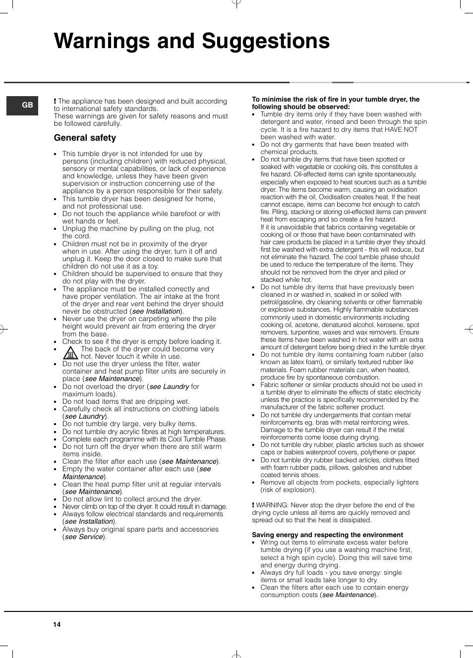 Warnings and suggestions, General safety | Hotpoint Ariston TCD 851 AX (EU) User Manual | Page 14 / 92