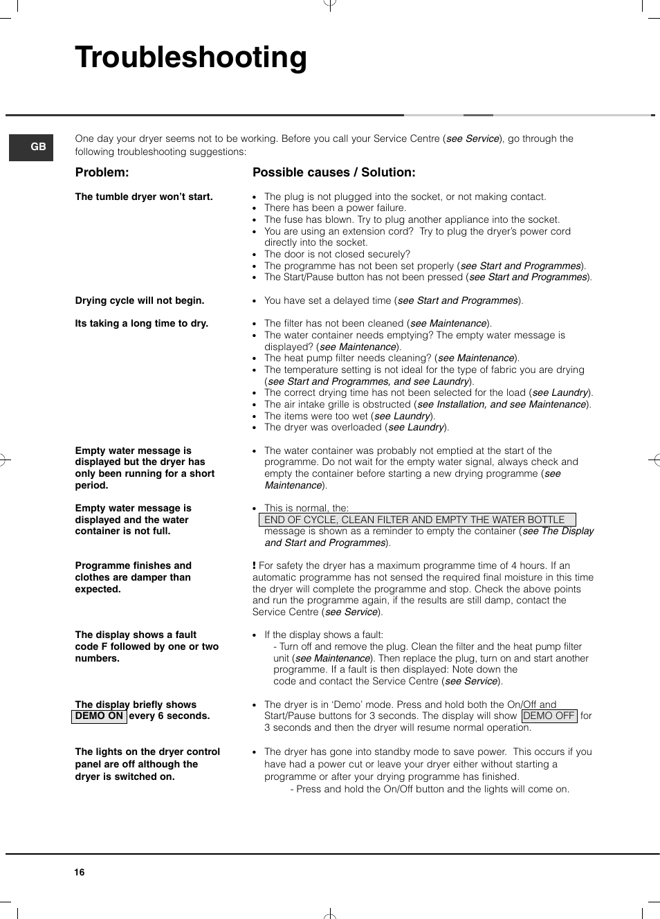Troubleshooting, Possible causes / solution, Problem | Hotpoint Ariston TCD 851 AX (EU) User Manual | Page 16 / 92