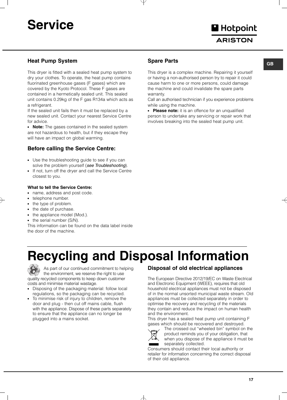 Service, Recycling and disposal information, Spare parts | Heat pump system, Before calling the service centre, Disposal of old electrical appliances | Hotpoint Ariston TCD 851 AX (EU) User Manual | Page 17 / 92
