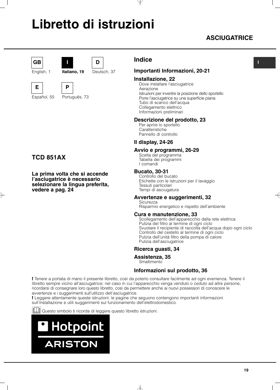 Libretto di istruzioni, Indice asciugatrice tcd 851ax | Hotpoint Ariston TCD 851 AX (EU) User Manual | Page 19 / 92