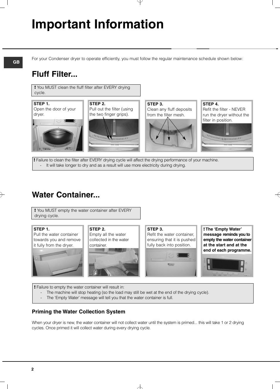 Important information, Fluff filter, Water container | Hotpoint Ariston TCD 851 AX (EU) User Manual | Page 2 / 92