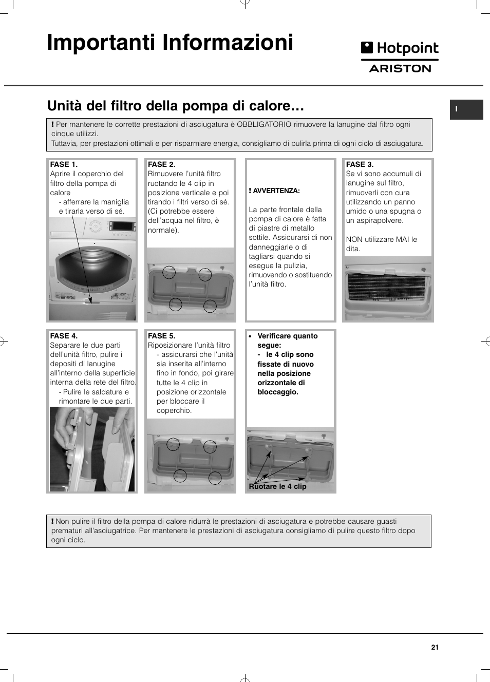 Importanti informazioni, Unità del filtro della pompa di calore | Hotpoint Ariston TCD 851 AX (EU) User Manual | Page 21 / 92