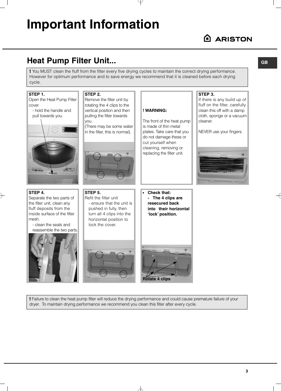 Important information, Heat pump filter unit | Hotpoint Ariston TCD 851 AX (EU) User Manual | Page 3 / 92