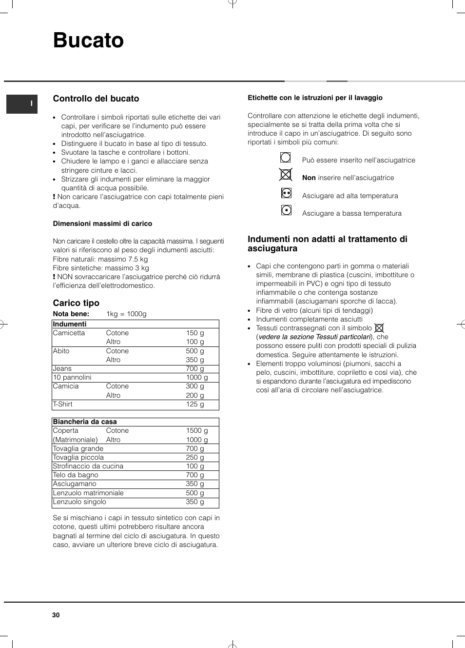 Bucato, Controllo del bucato, Carico tipo | Indumenti non adatti al trattamento di asciugatura | Hotpoint Ariston TCD 851 AX (EU) User Manual | Page 30 / 92