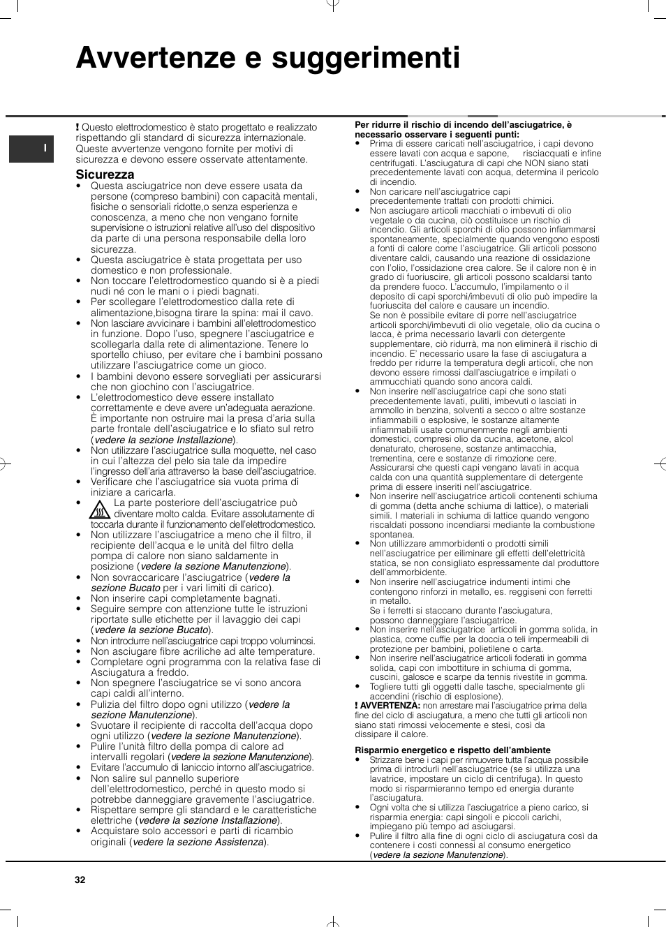 Avvertenze e suggerimenti, Sicurezza | Hotpoint Ariston TCD 851 AX (EU) User Manual | Page 32 / 92