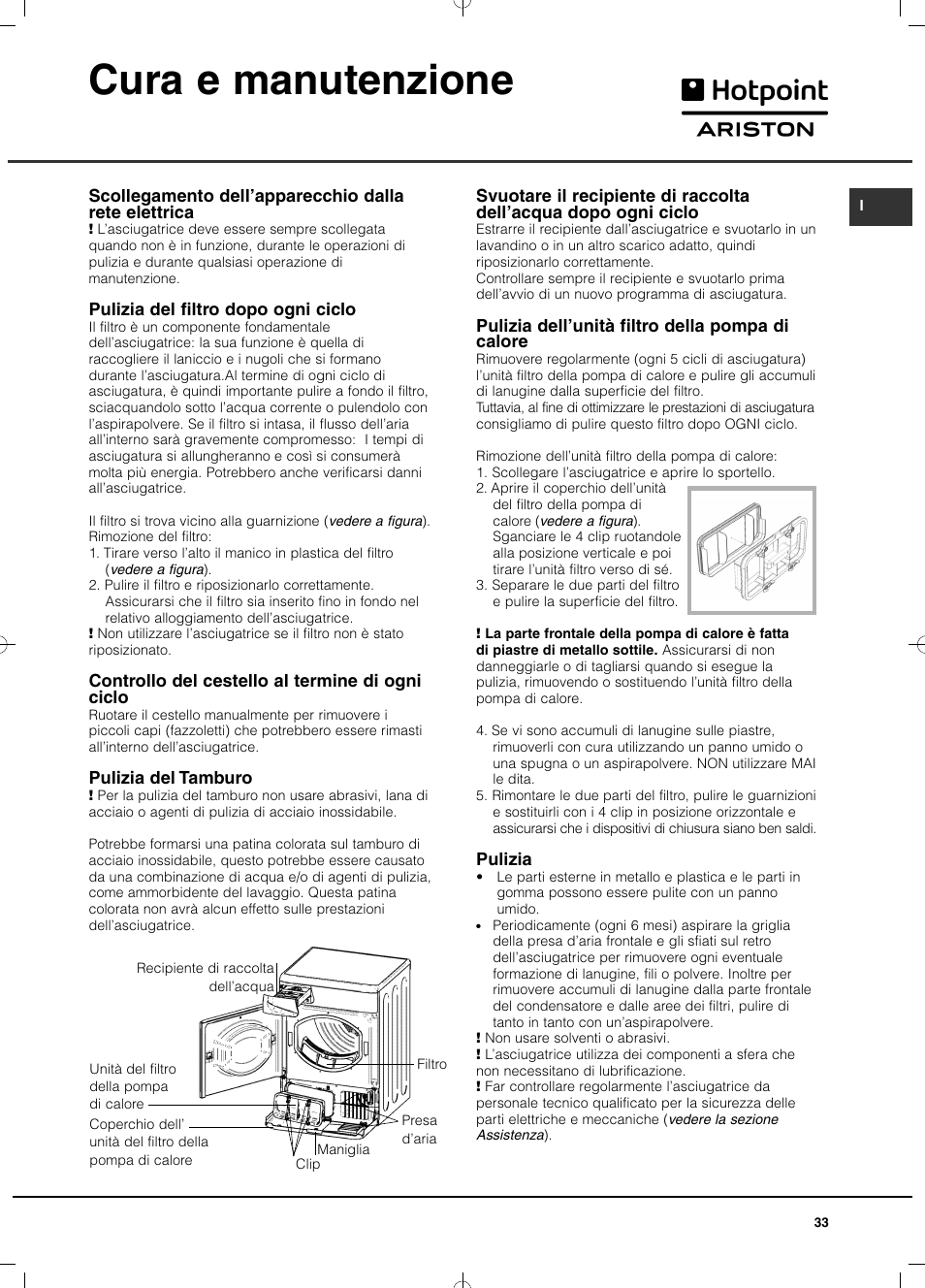 Cura e manutenzione | Hotpoint Ariston TCD 851 AX (EU) User Manual | Page 33 / 92