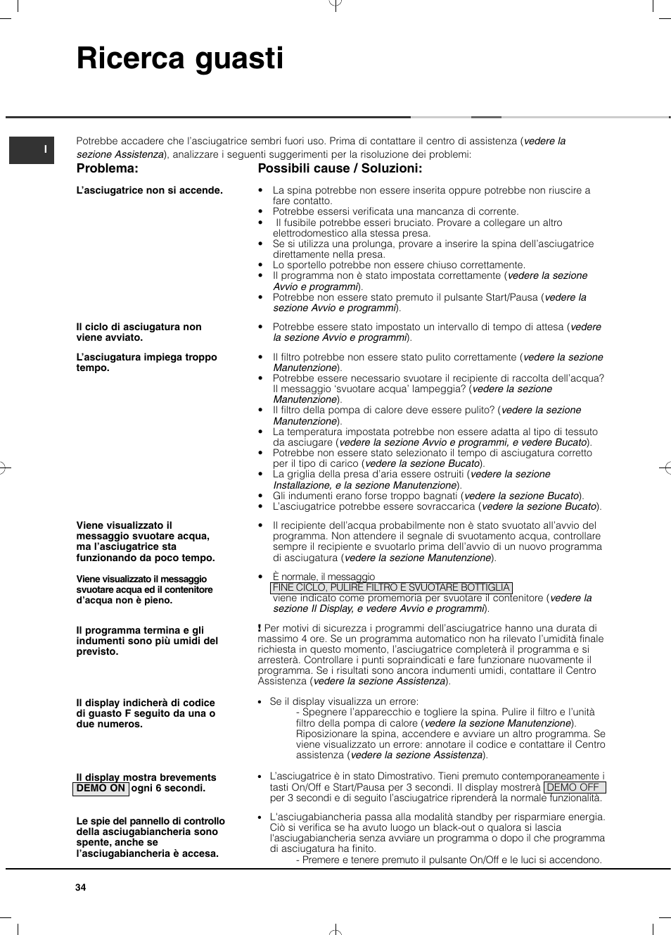 Ricerca guasti, Possibili cause / soluzioni, Problema | Hotpoint Ariston TCD 851 AX (EU) User Manual | Page 34 / 92