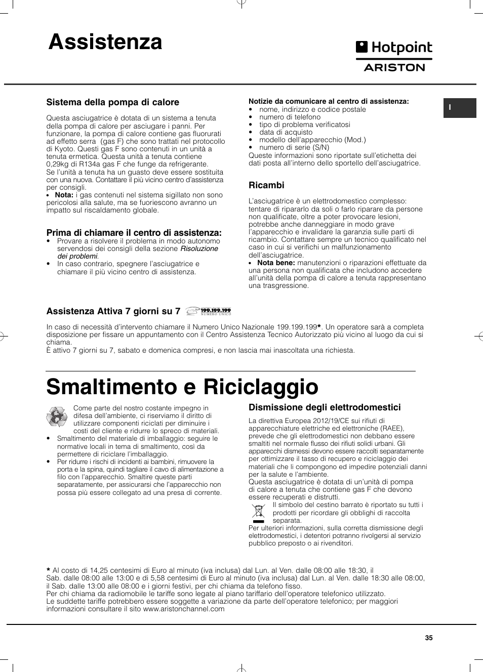 Assistenza, Smaltimento e riciclaggio | Hotpoint Ariston TCD 851 AX (EU) User Manual | Page 35 / 92