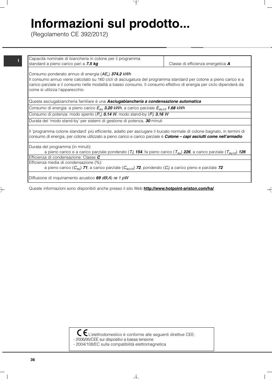 Informazioni sul prodotto | Hotpoint Ariston TCD 851 AX (EU) User Manual | Page 36 / 92