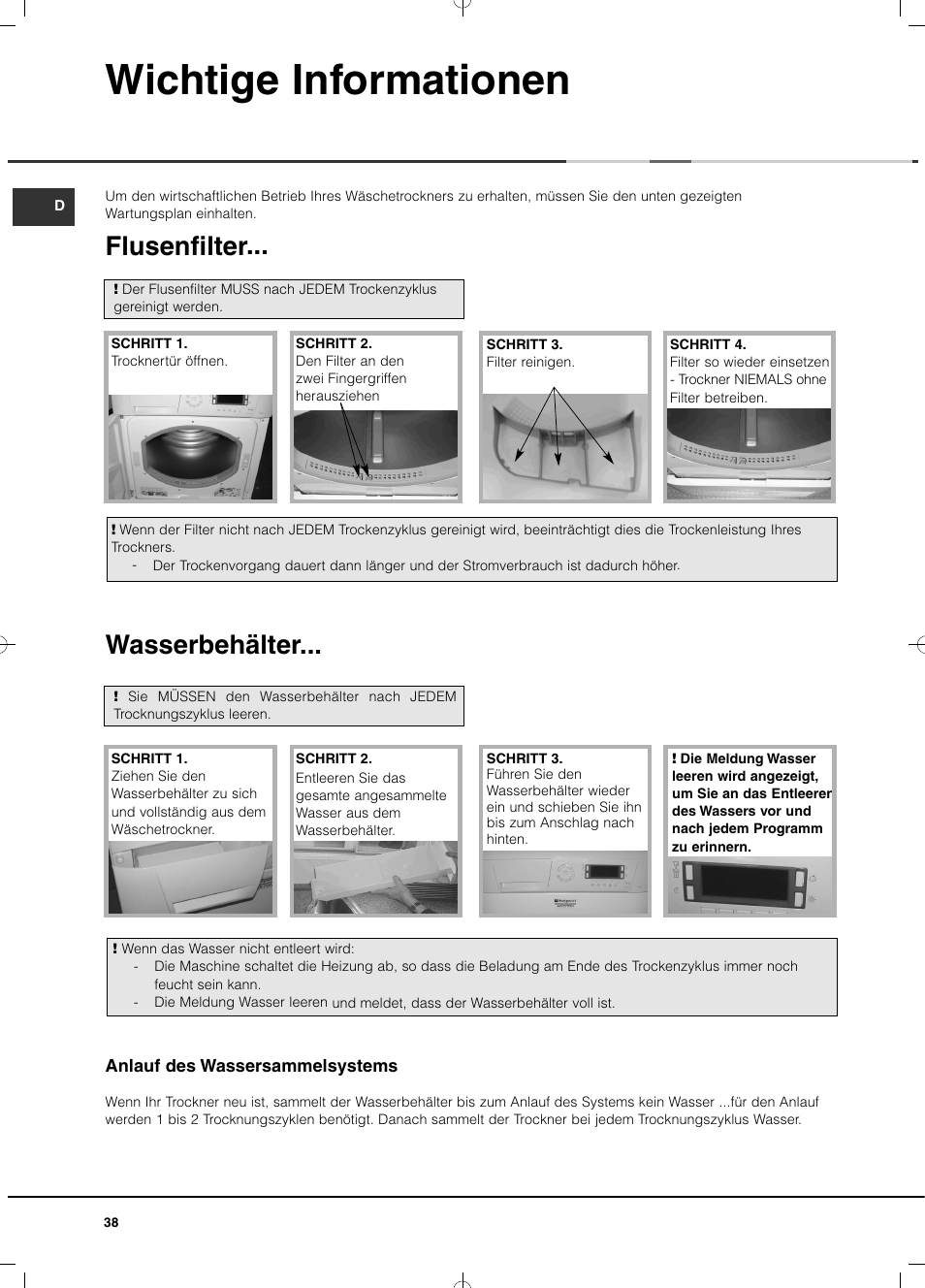 Wichtige informationen, Flusenfilter, Wasserbehälter | Hotpoint Ariston TCD 851 AX (EU) User Manual | Page 38 / 92