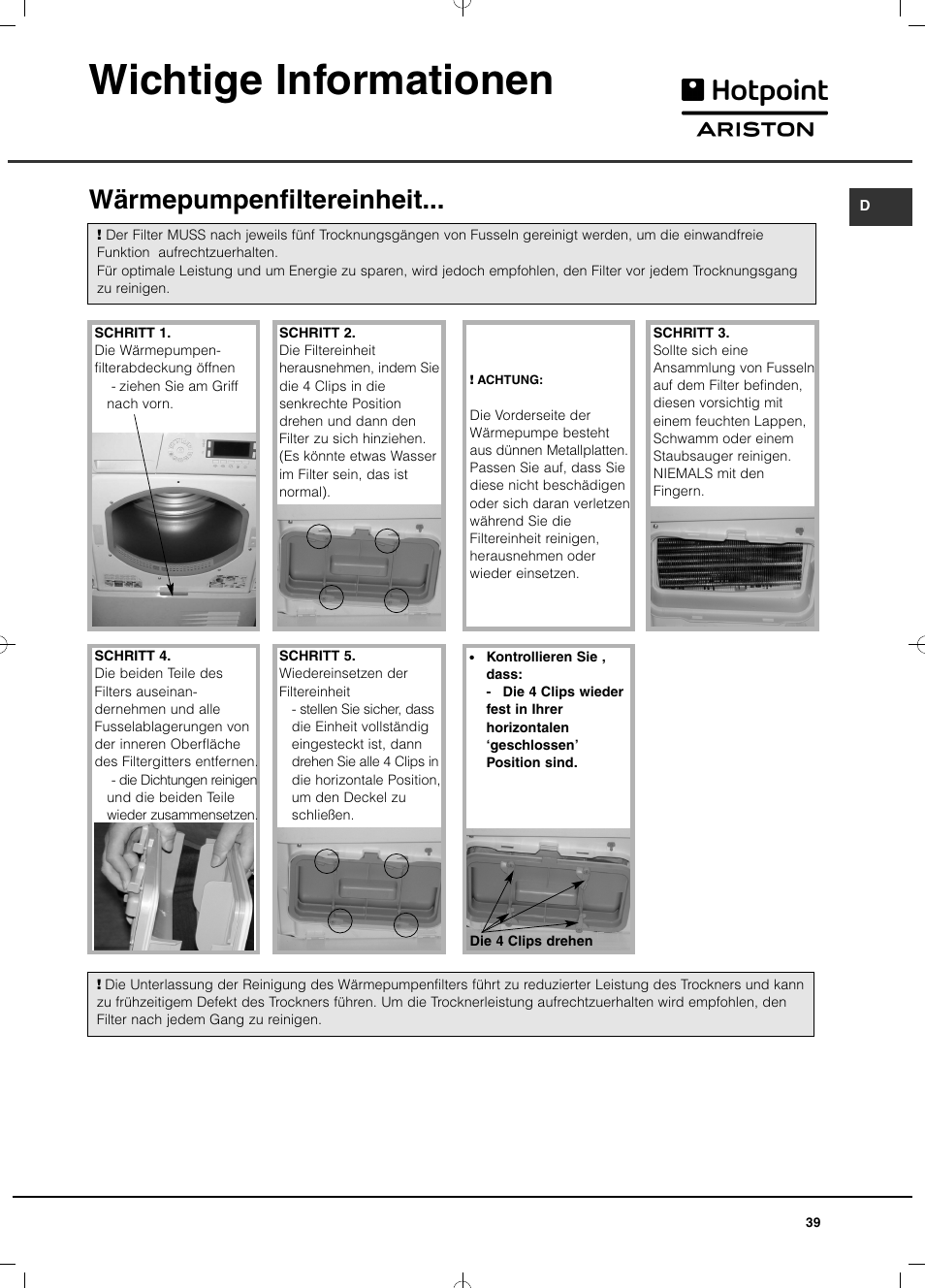 Wichtige informationen, Wärmepumpenfiltereinheit | Hotpoint Ariston TCD 851 AX (EU) User Manual | Page 39 / 92