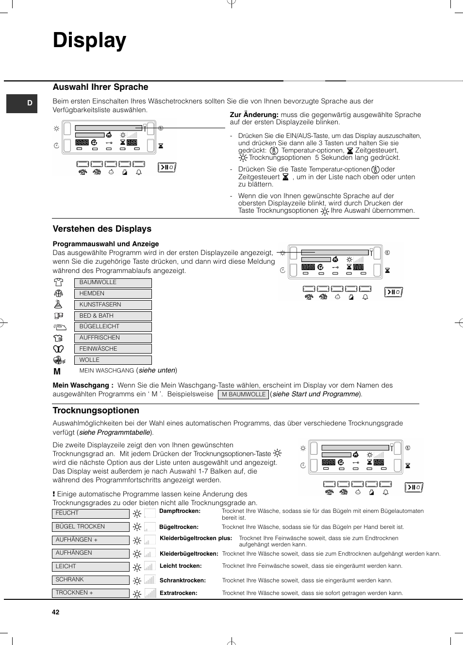 Display, Auswahl ihrer sprache verstehen des displays, Trocknungsoptionen | Hotpoint Ariston TCD 851 AX (EU) User Manual | Page 42 / 92