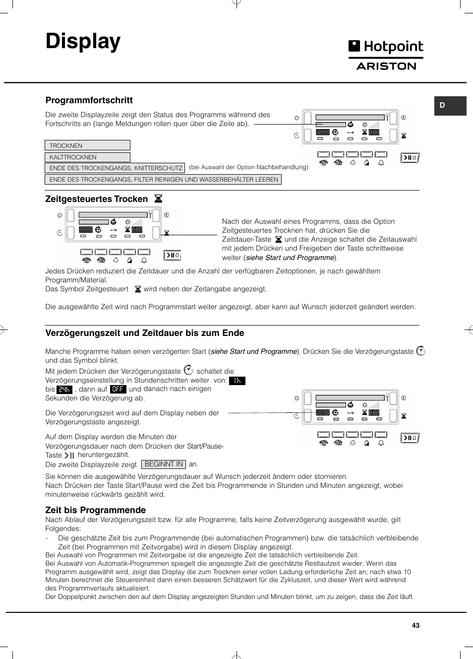 Display | Hotpoint Ariston TCD 851 AX (EU) User Manual | Page 43 / 92