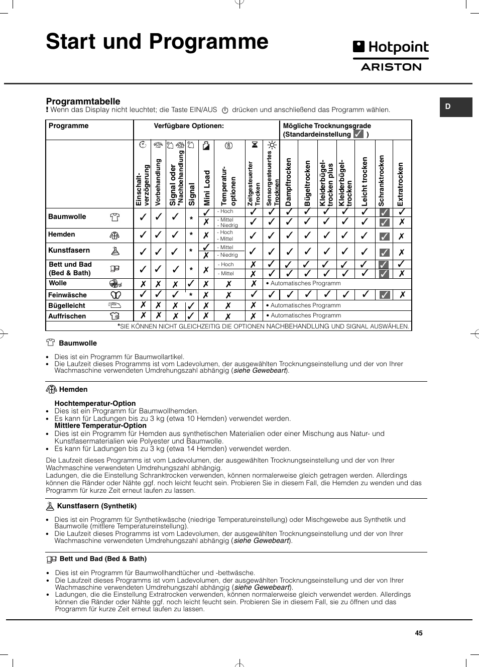 Start und programme | Hotpoint Ariston TCD 851 AX (EU) User Manual | Page 45 / 92