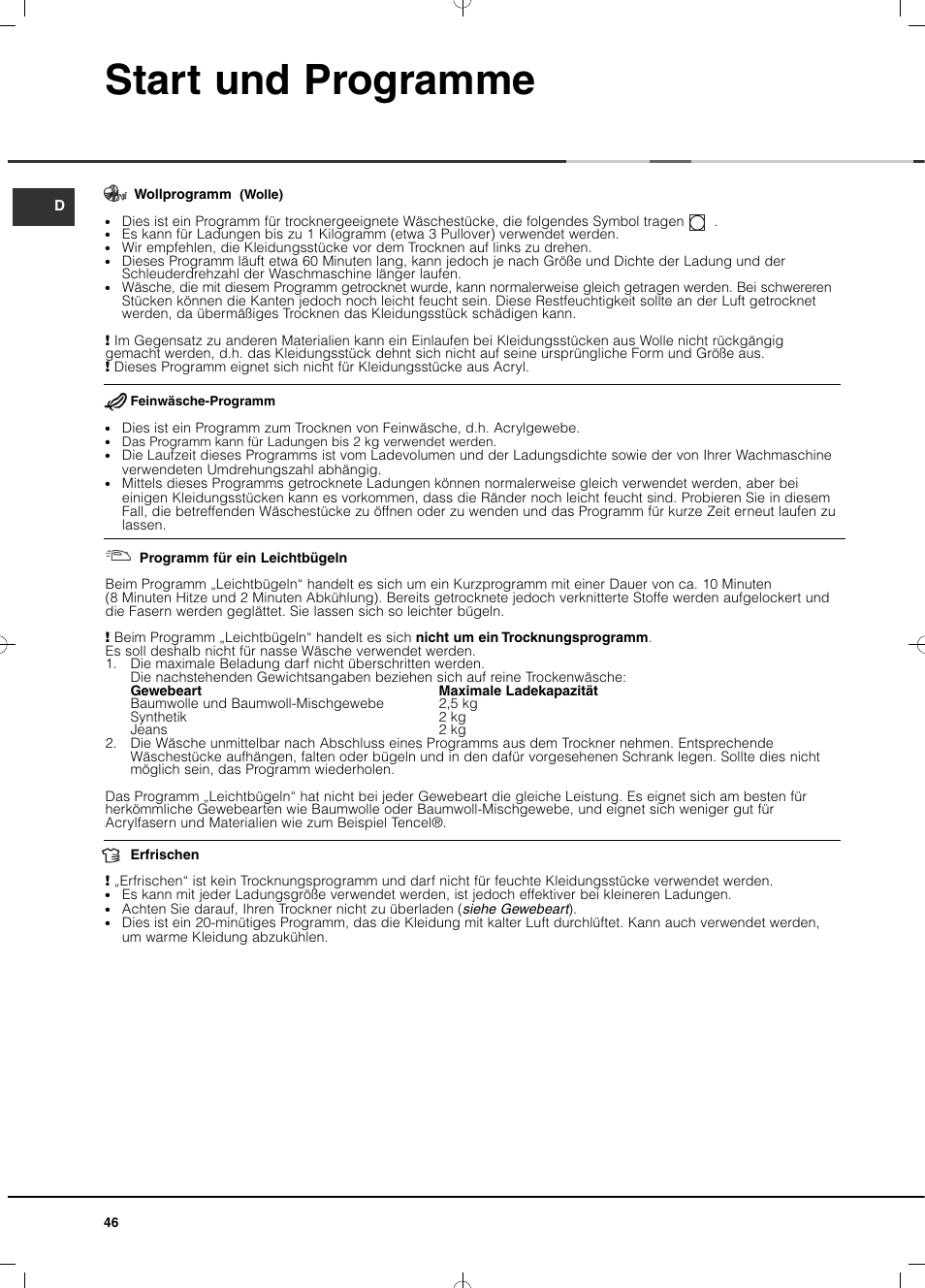 Start und programme | Hotpoint Ariston TCD 851 AX (EU) User Manual | Page 46 / 92