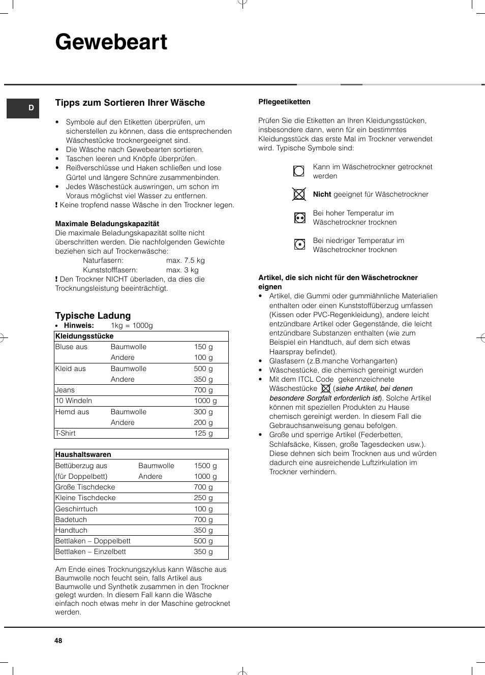 Gewebeart, Tipps zum sortieren ihrer wäsche, Typische ladung | Hotpoint Ariston TCD 851 AX (EU) User Manual | Page 48 / 92