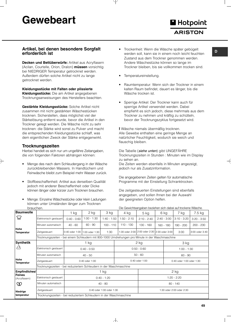 Gewebeart, Trocknungszeiten | Hotpoint Ariston TCD 851 AX (EU) User Manual | Page 49 / 92