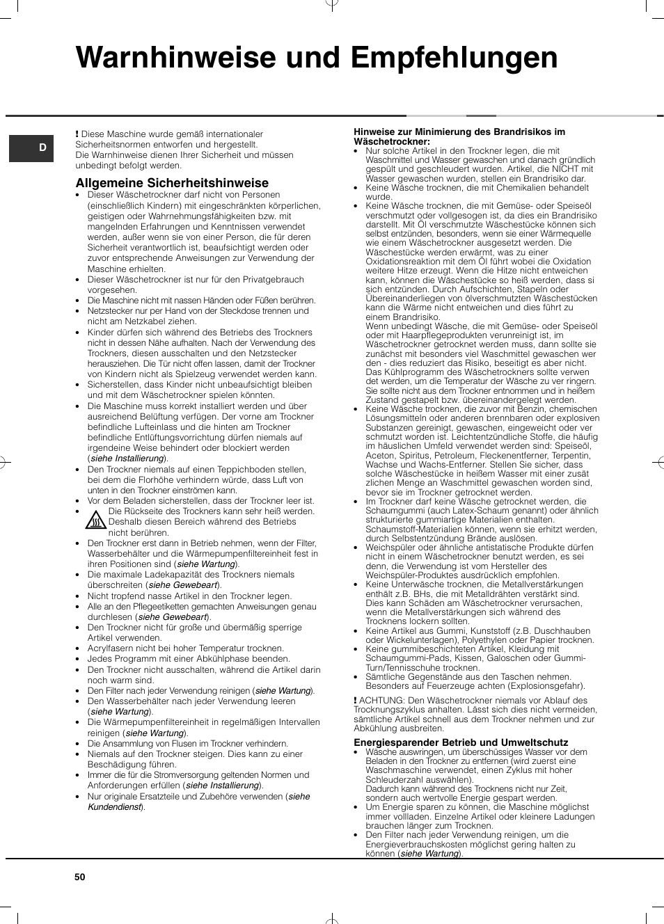 Warnhinweise und empfehlungen, Allgemeine sicherheitshinweise, Energiesparender betrieb und umweltschutz | Hotpoint Ariston TCD 851 AX (EU) User Manual | Page 50 / 92