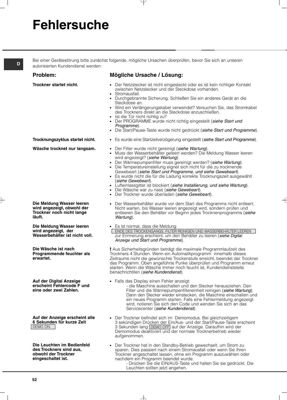 Fehlersuche, Mögliche ursache / lösung, Problem | Hotpoint Ariston TCD 851 AX (EU) User Manual | Page 52 / 92