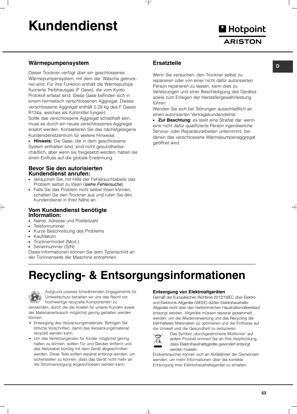 Kundendienst, Recycling- & entsorgungsinformationen, Ersatzteile | Wärmepumpensystem, Bevor sie den autorisierten kundendienst anrufen, Vom kundendienst benötigte information | Hotpoint Ariston TCD 851 AX (EU) User Manual | Page 53 / 92