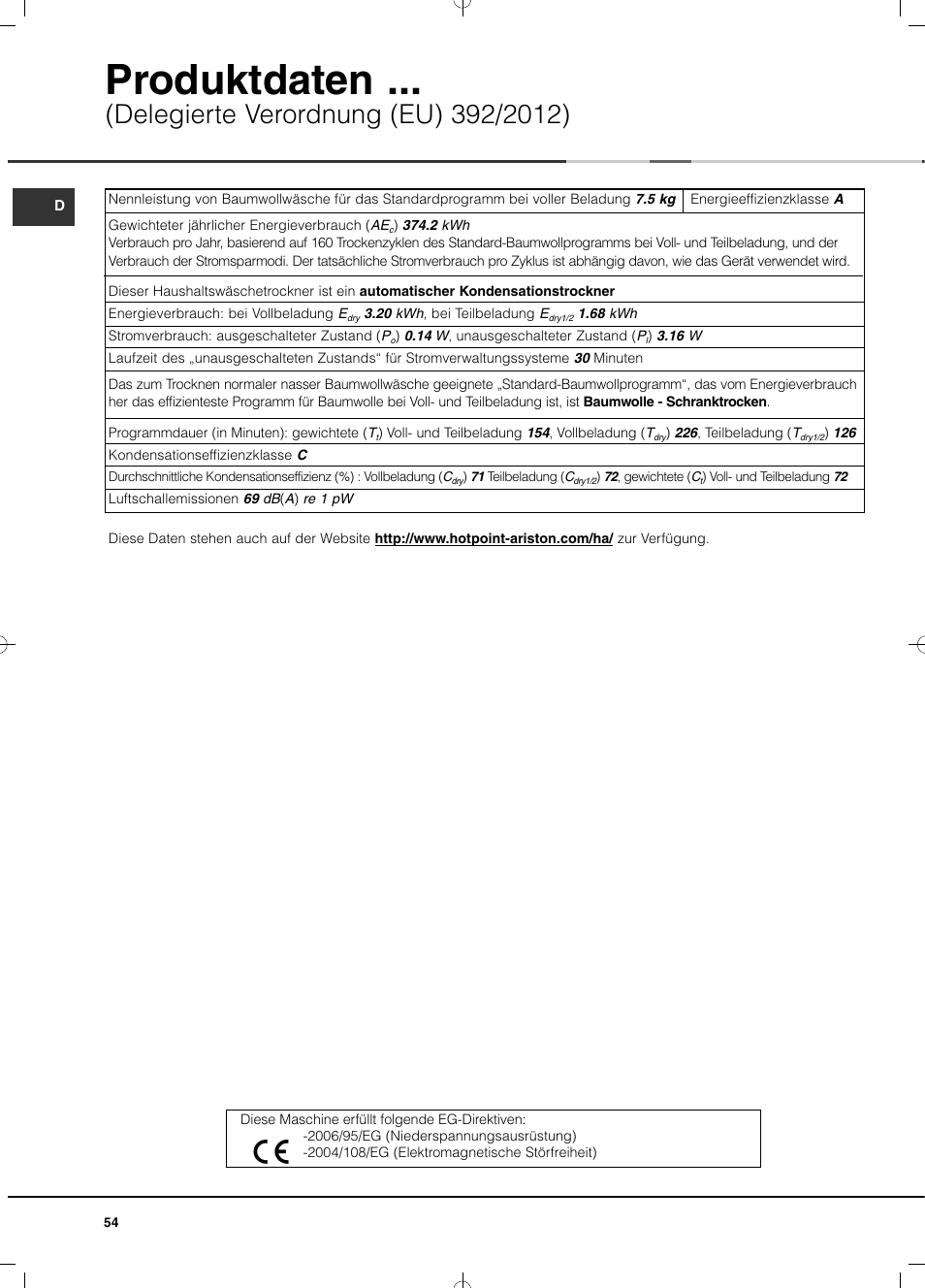 Produktdaten | Hotpoint Ariston TCD 851 AX (EU) User Manual | Page 54 / 92
