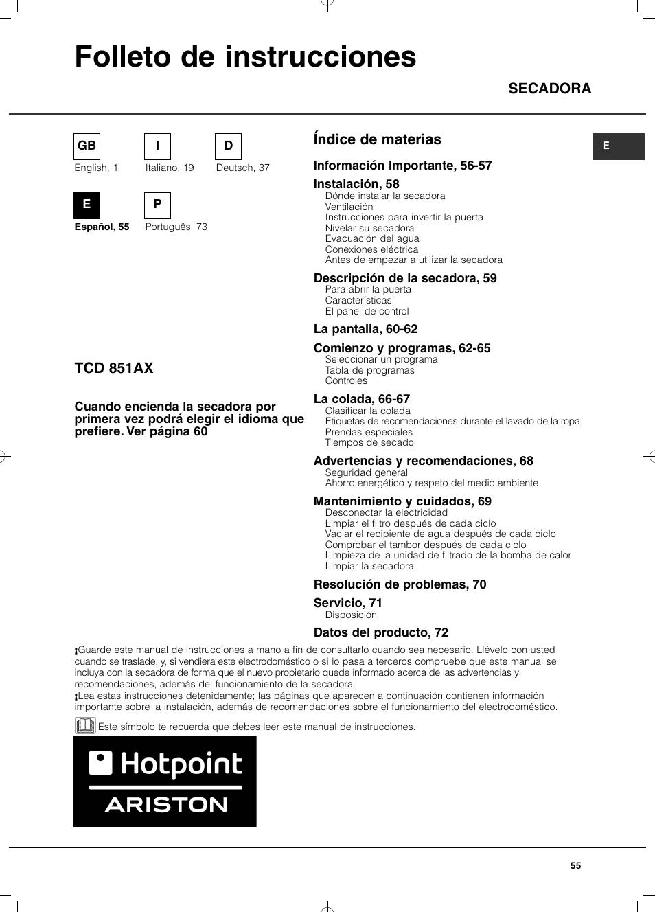 Folleto de instrucciones, Índice de materias secadora tcd 851ax | Hotpoint Ariston TCD 851 AX (EU) User Manual | Page 55 / 92