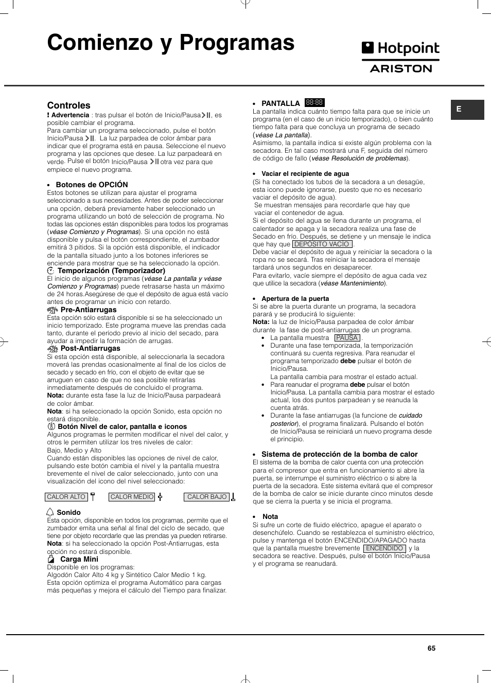 Comienzo y programas, Controles | Hotpoint Ariston TCD 851 AX (EU) User Manual | Page 65 / 92