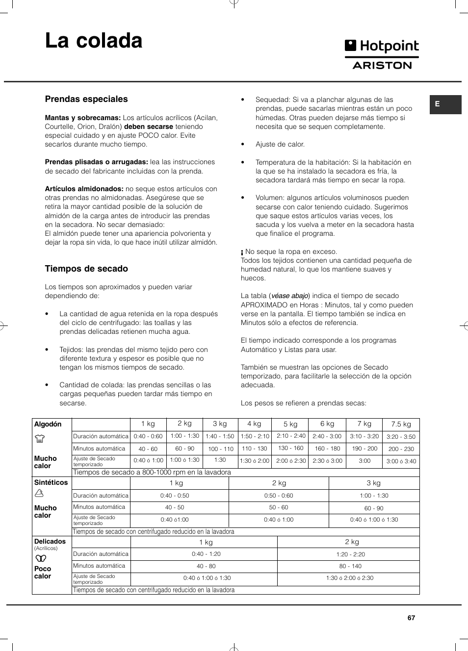 La colada, Prendas especiales, Tiempos de secado | Hotpoint Ariston TCD 851 AX (EU) User Manual | Page 67 / 92