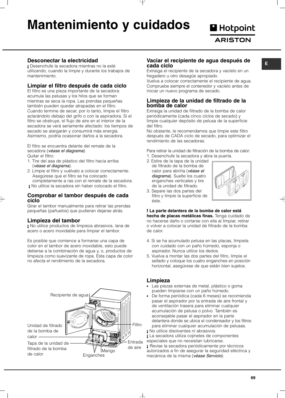 Mantenimiento y cuidados | Hotpoint Ariston TCD 851 AX (EU) User Manual | Page 69 / 92