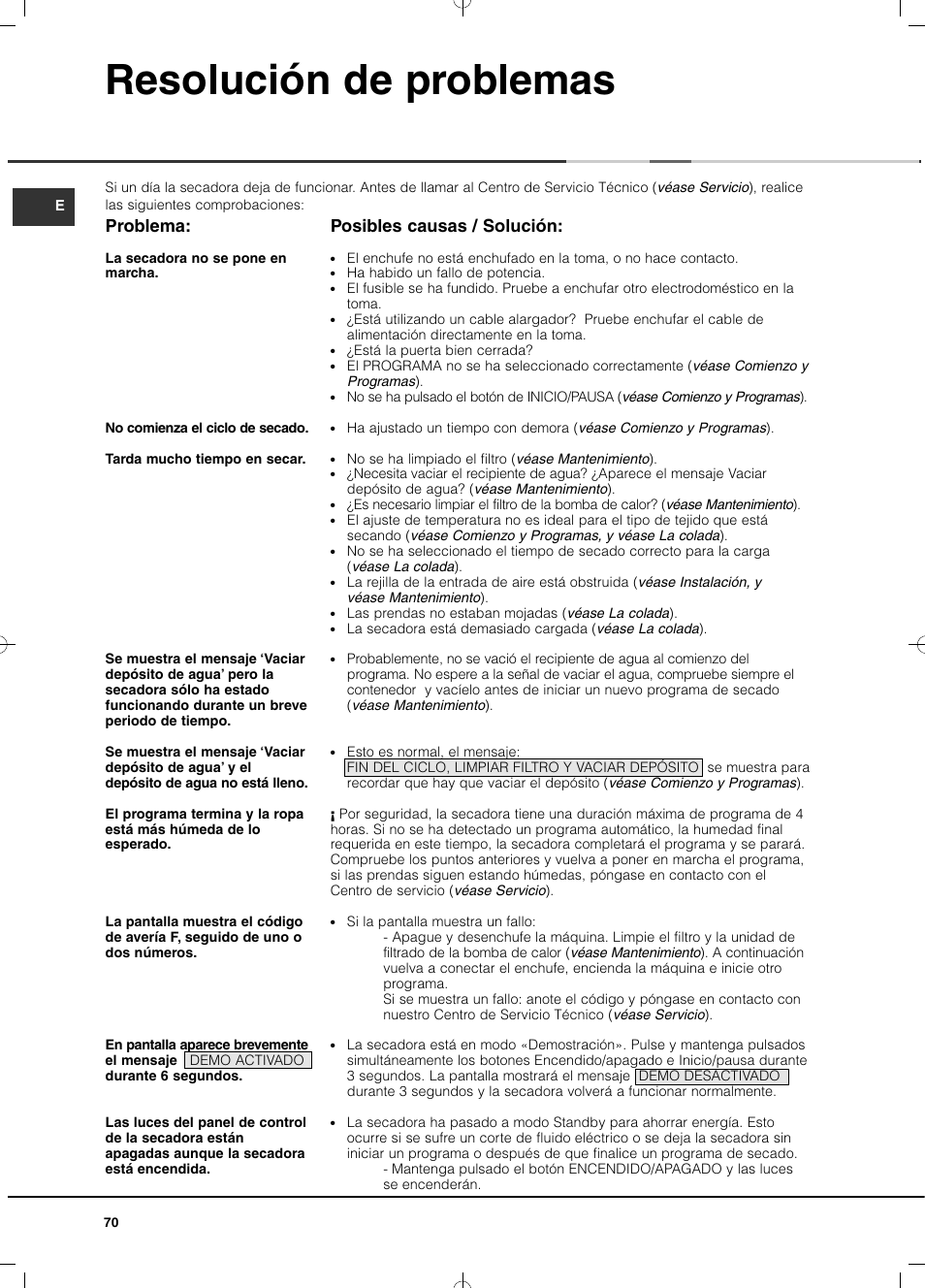 Resolución de problemas, Posibles causas / solución, Problema | Hotpoint Ariston TCD 851 AX (EU) User Manual | Page 70 / 92