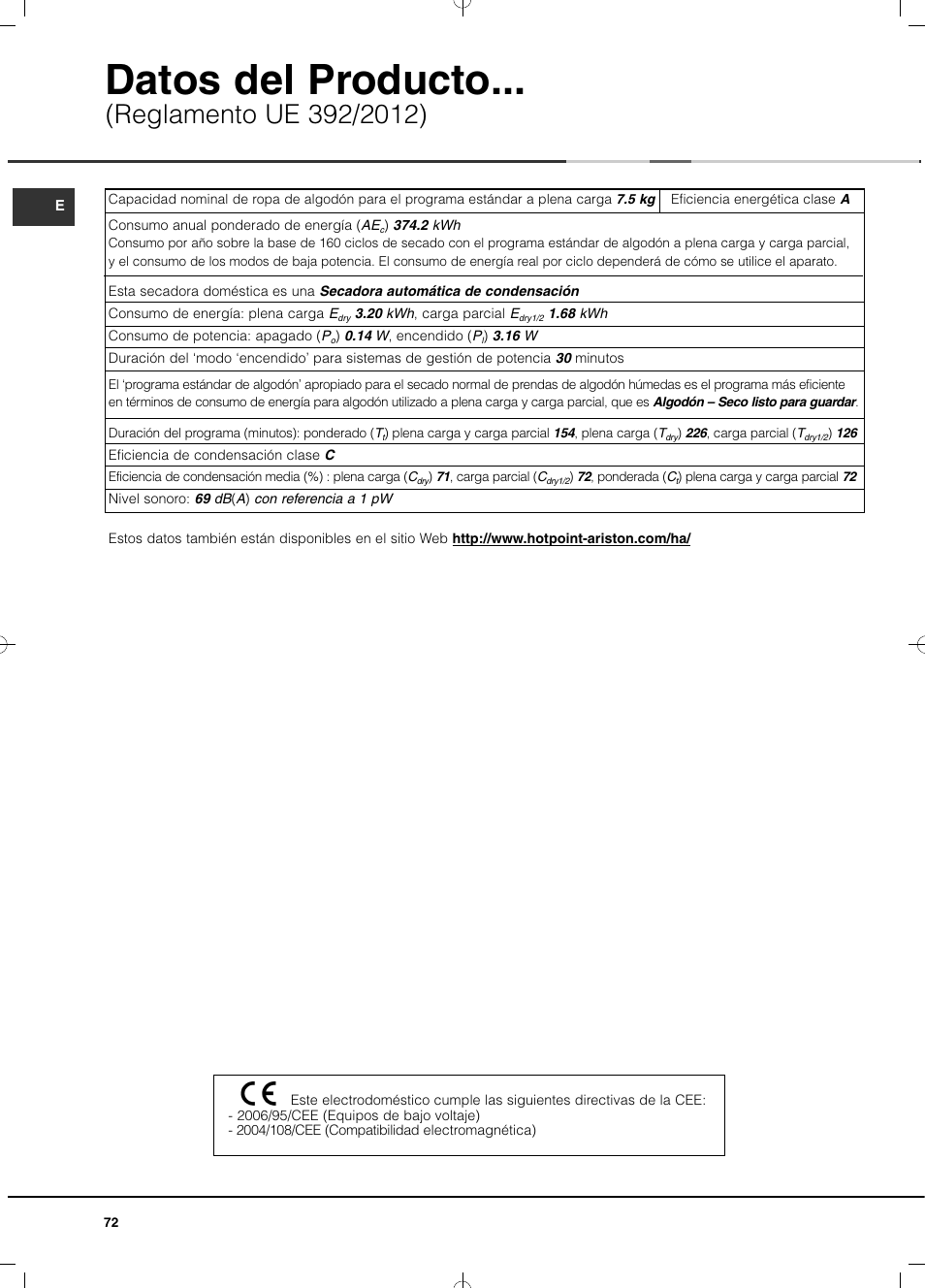 Datos del producto | Hotpoint Ariston TCD 851 AX (EU) User Manual | Page 72 / 92