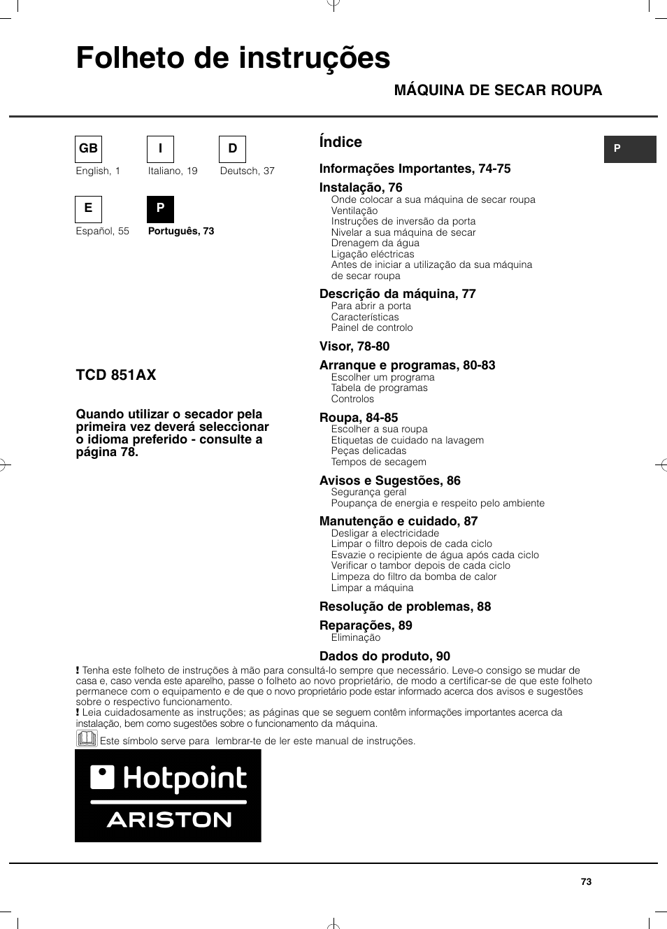 Folheto de instruções, Índice máquina de secar roupa tcd 851ax | Hotpoint Ariston TCD 851 AX (EU) User Manual | Page 73 / 92
