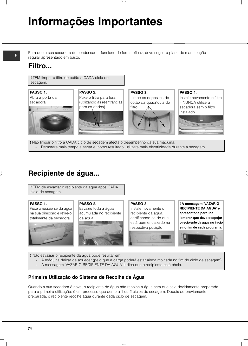 Informações importantes, Filtro, Recipiente de água | Hotpoint Ariston TCD 851 AX (EU) User Manual | Page 74 / 92