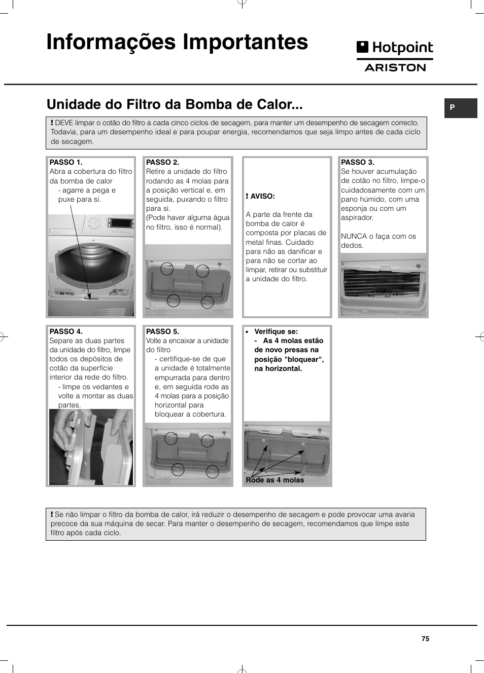 Informações importantes, Unidade do filtro da bomba de calor | Hotpoint Ariston TCD 851 AX (EU) User Manual | Page 75 / 92