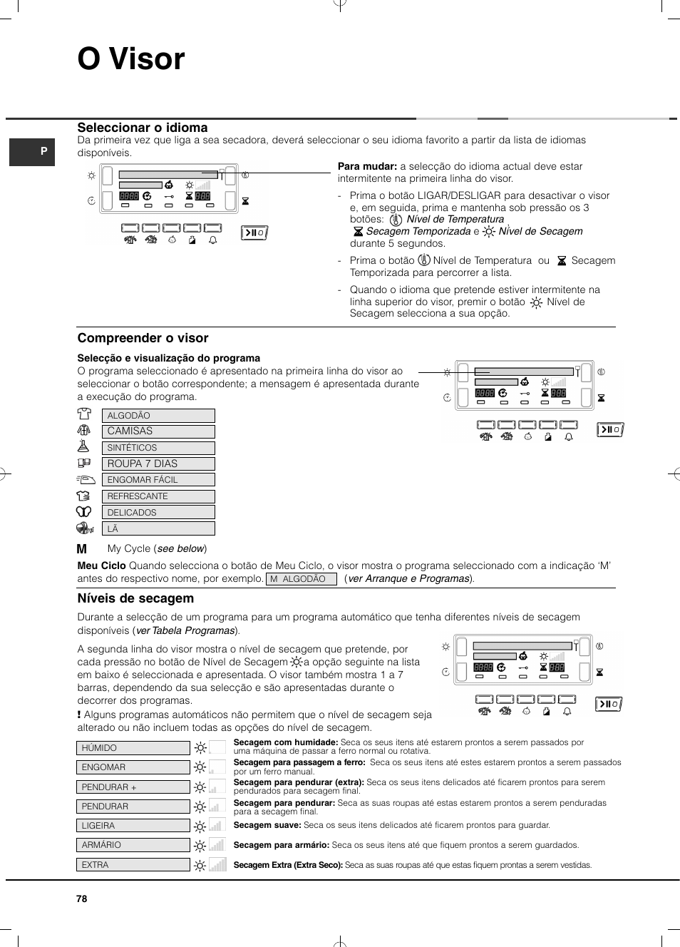 O visor, Seleccionar o idioma níveis de secagem, Compreender o visor | Hotpoint Ariston TCD 851 AX (EU) User Manual | Page 78 / 92