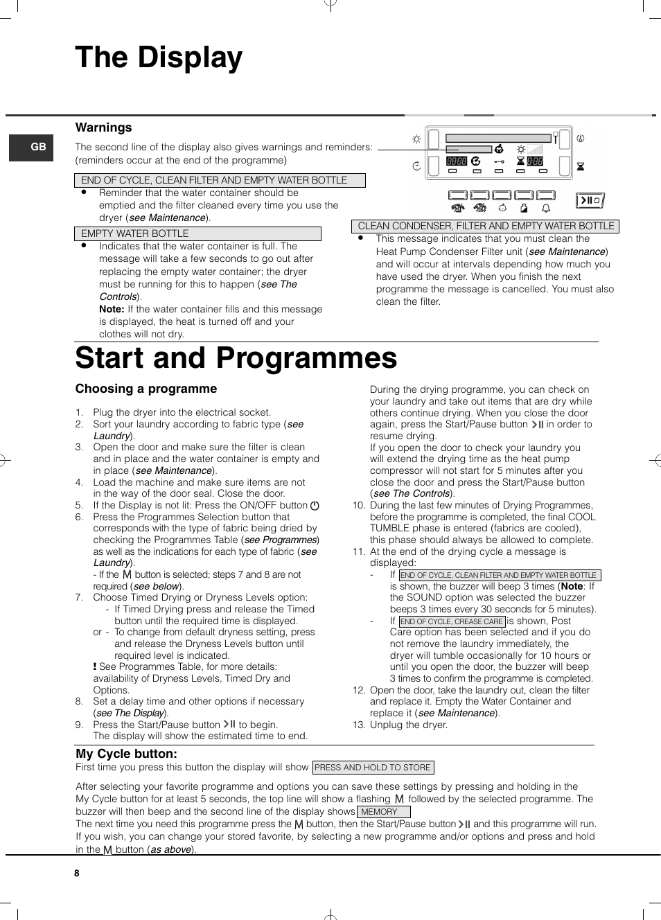 The display start and programmes | Hotpoint Ariston TCD 851 AX (EU) User Manual | Page 8 / 92