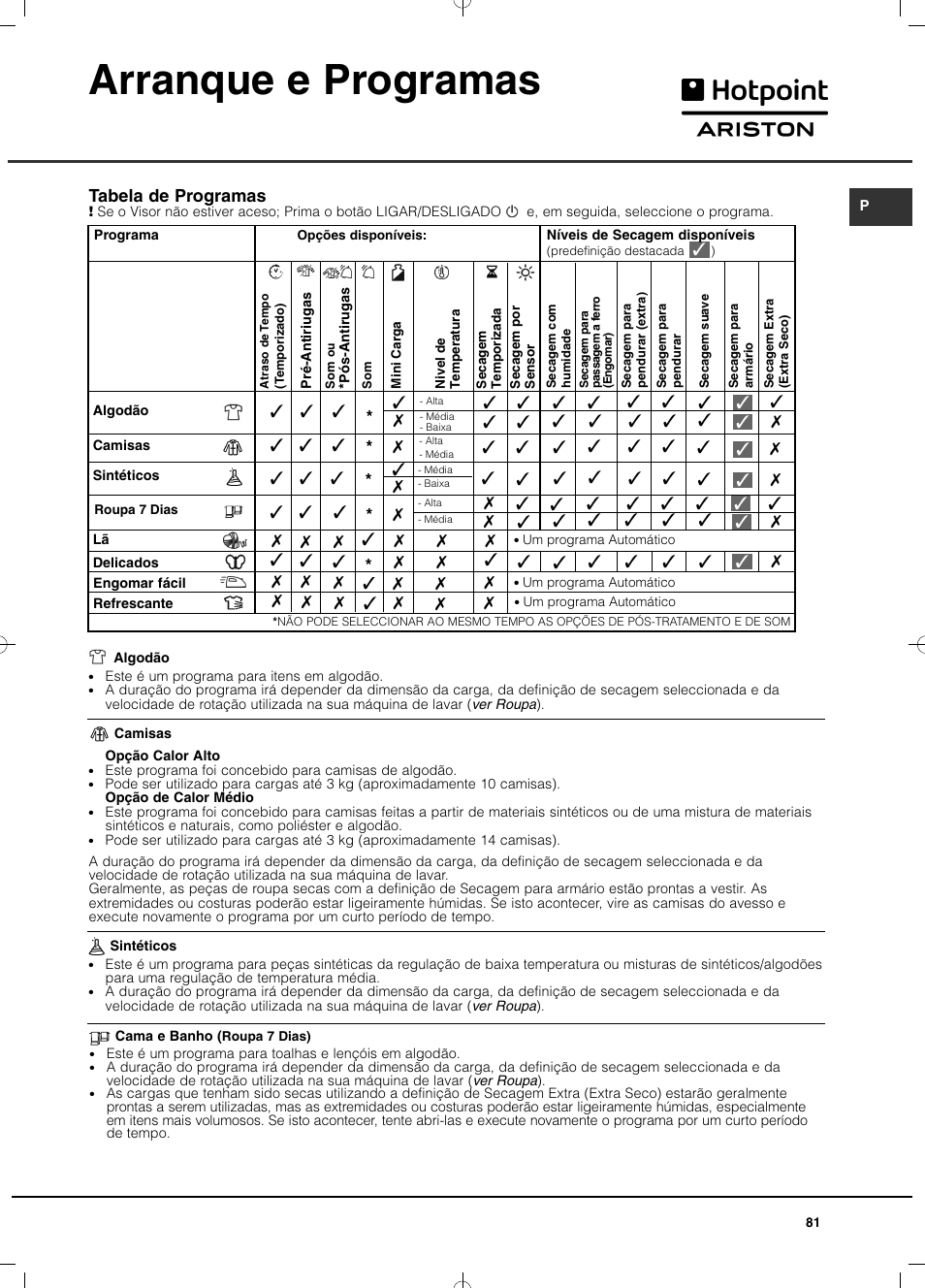 Arranque e programas | Hotpoint Ariston TCD 851 AX (EU) User Manual | Page 81 / 92