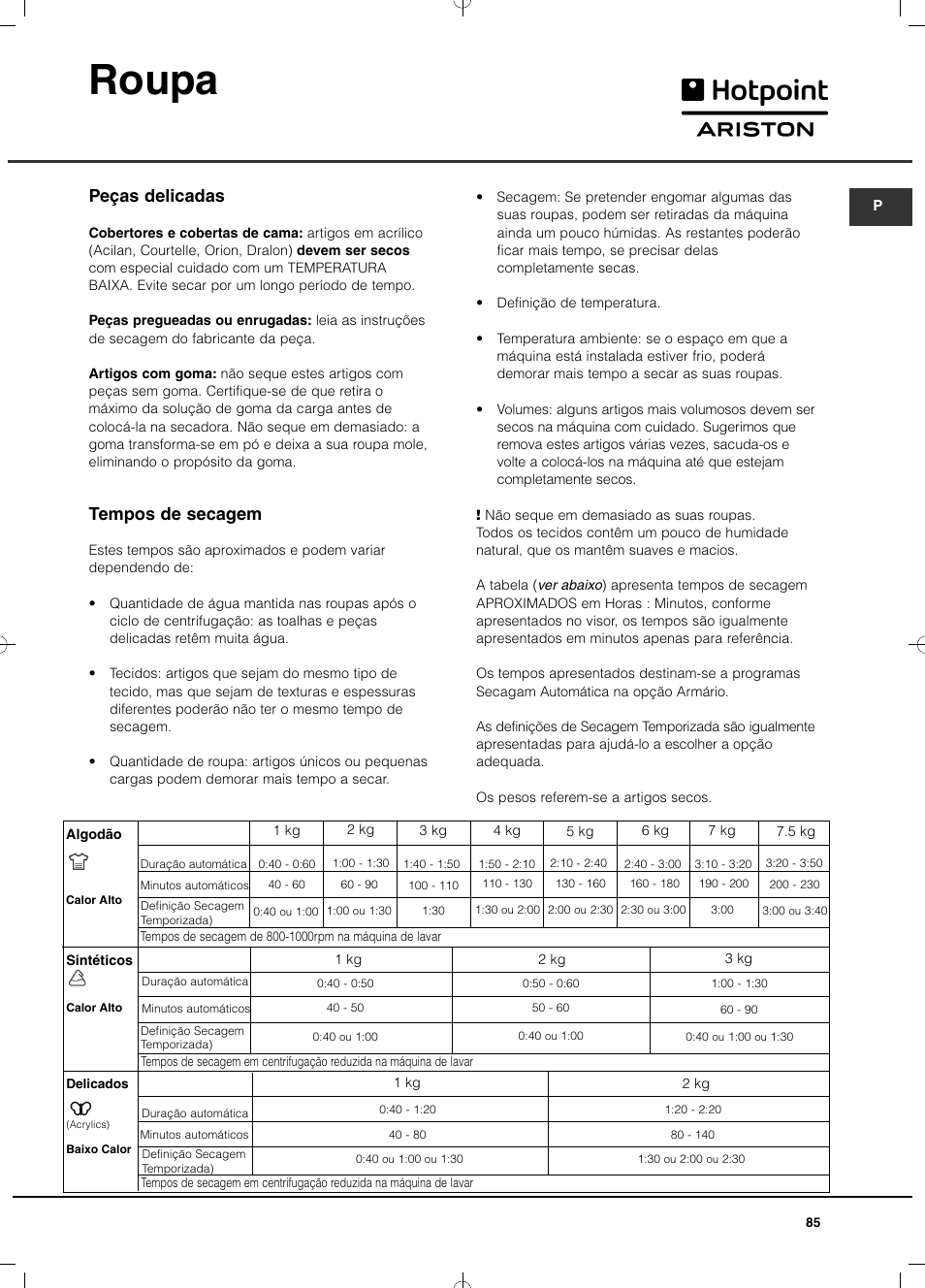 Roupa, Peças delicadas, Tempos de secagem | Hotpoint Ariston TCD 851 AX (EU) User Manual | Page 85 / 92