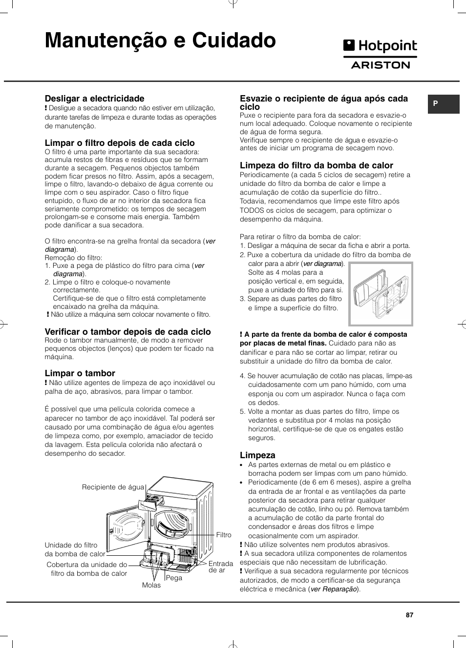 Manutenção e cuidado | Hotpoint Ariston TCD 851 AX (EU) User Manual | Page 87 / 92
