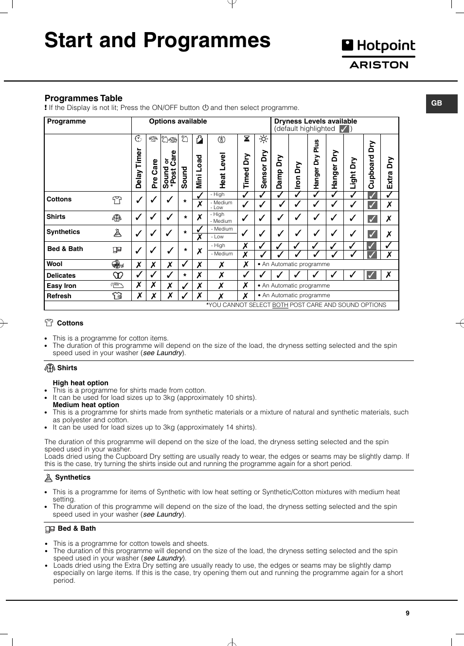 Start and programmes | Hotpoint Ariston TCD 851 AX (EU) User Manual | Page 9 / 92