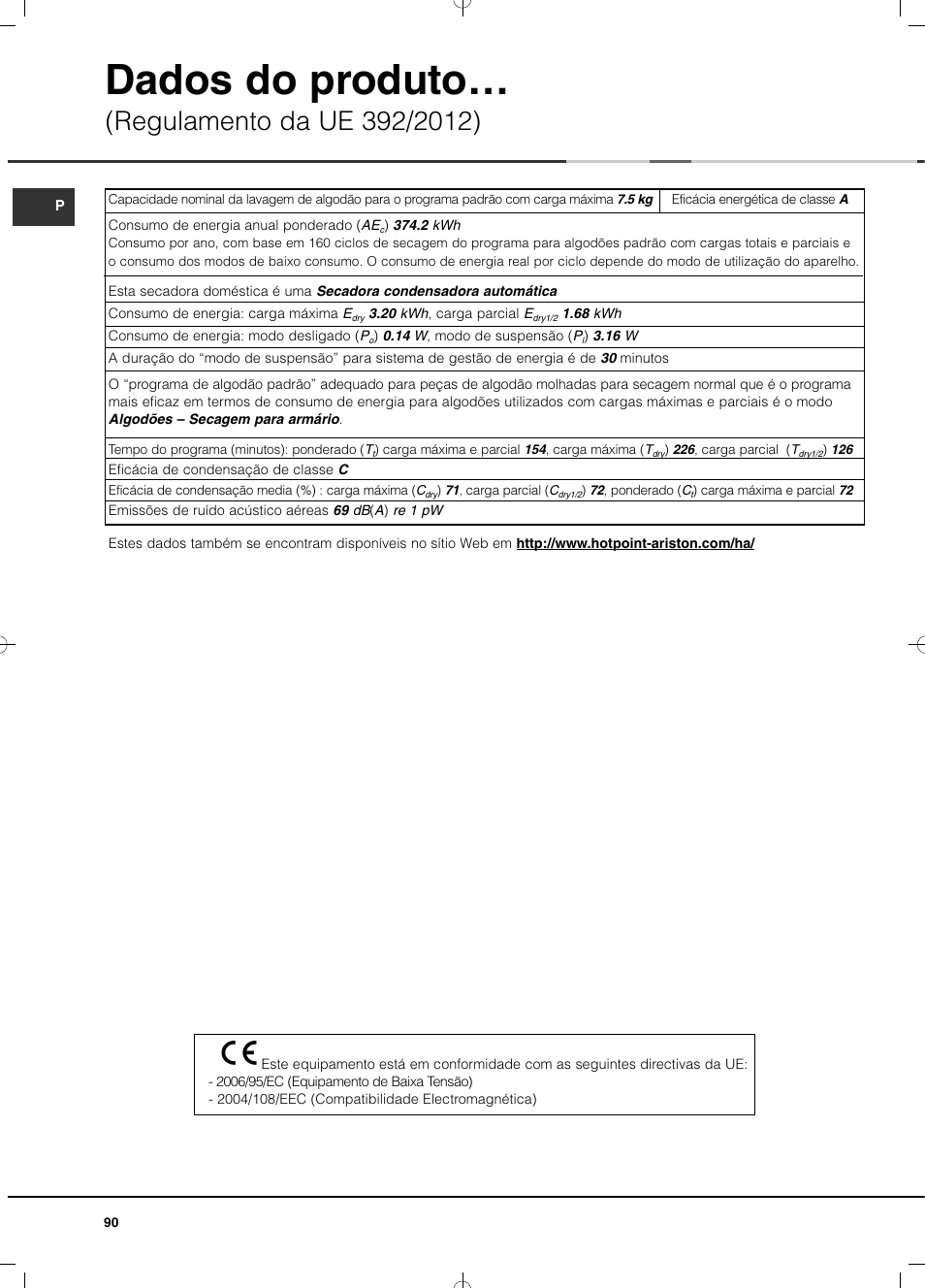 Dados do produto | Hotpoint Ariston TCD 851 AX (EU) User Manual | Page 90 / 92