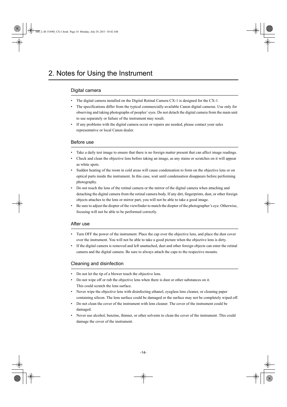 Notes for using the instrument | Canon CX-1 User Manual | Page 14 / 76