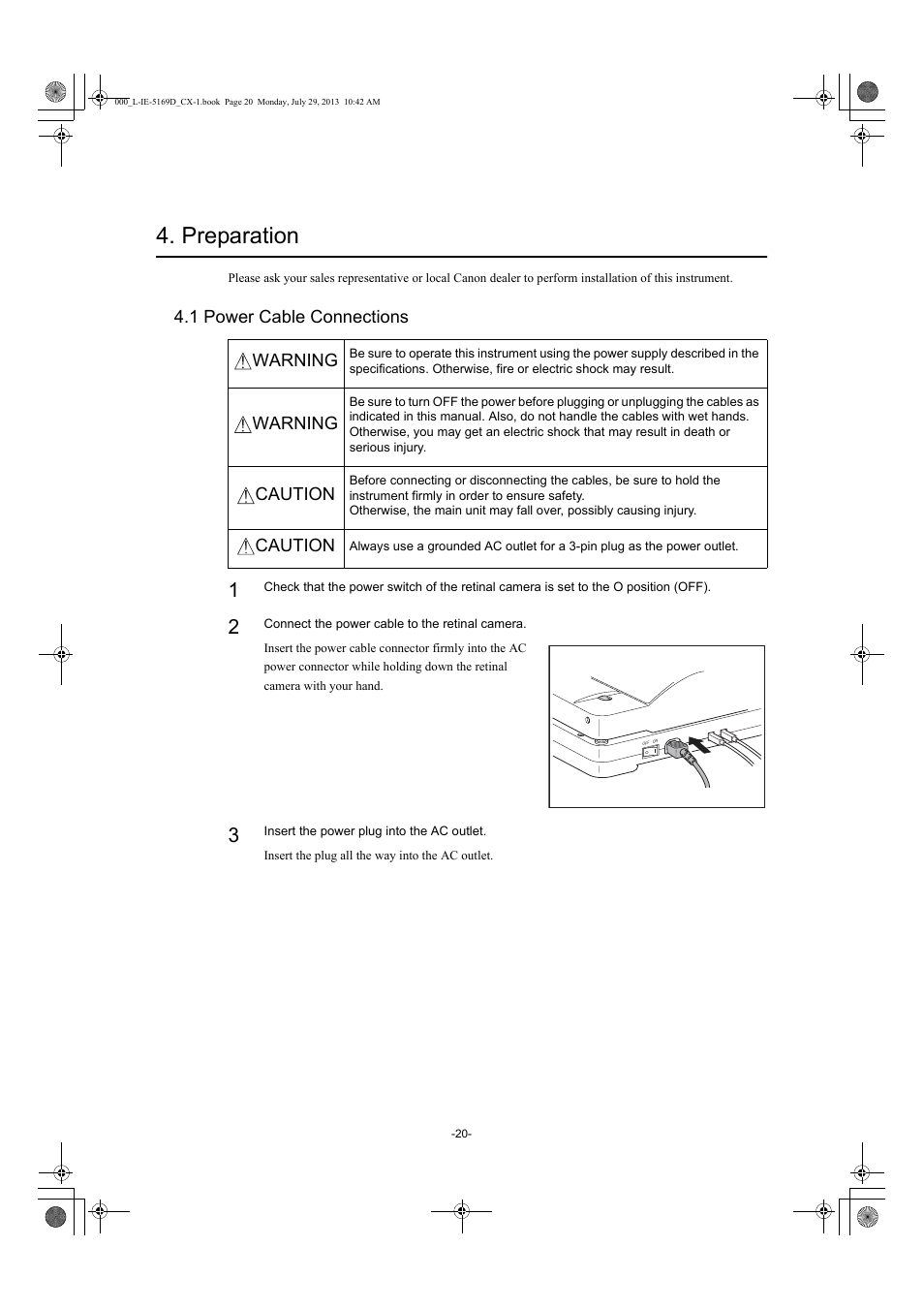 Preparation, 1 power cable connections | Canon CX-1 User Manual | Page 20 / 76
