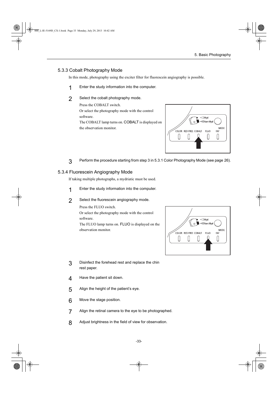 3 cobalt photography mode, 4 fluorescein angiography mode, Ge 33 | Canon CX-1 User Manual | Page 33 / 76
