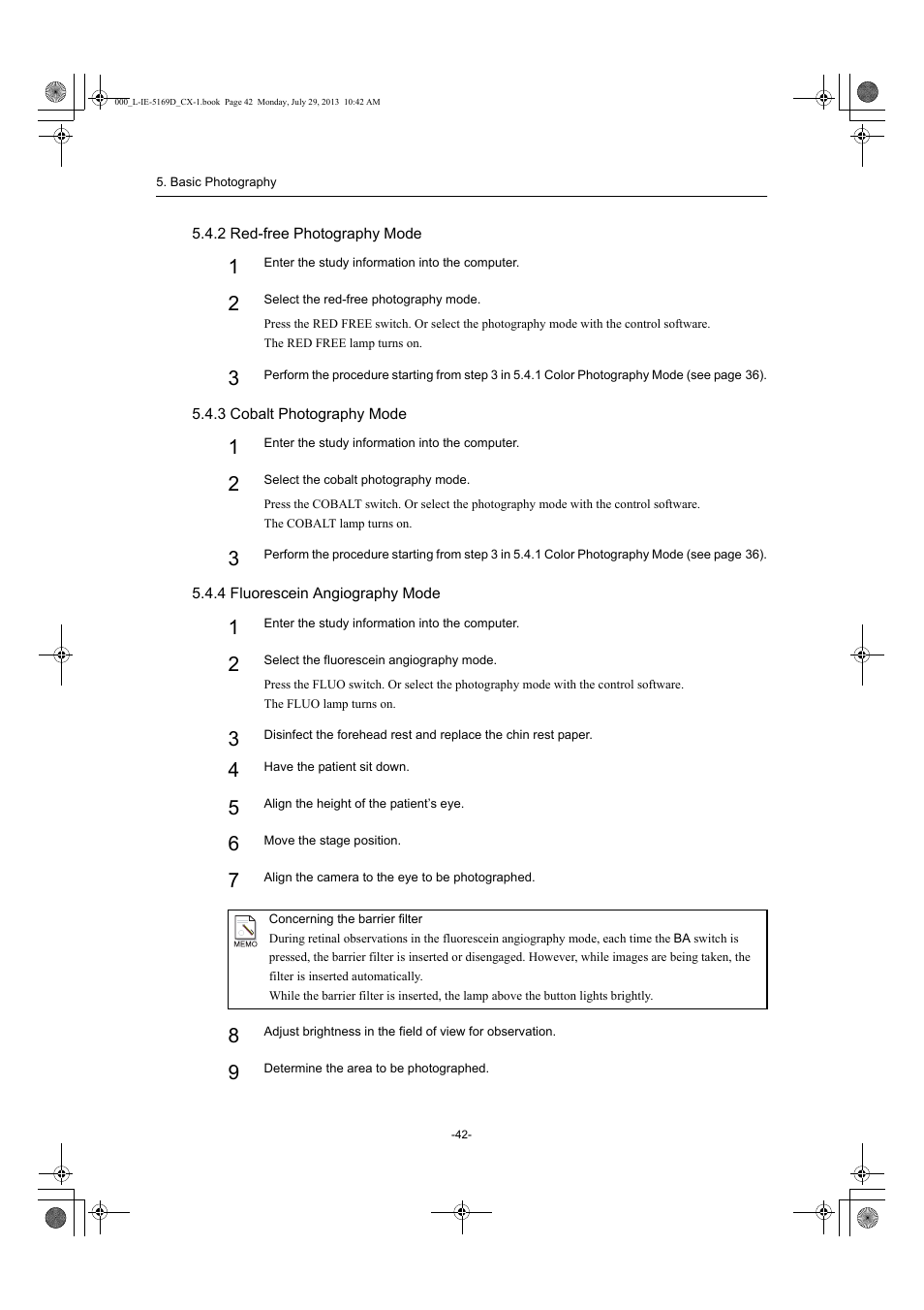 2 red-free photography mode, 3 cobalt photography mode, 4 fluorescein angiography mode | Canon CX-1 User Manual | Page 42 / 76