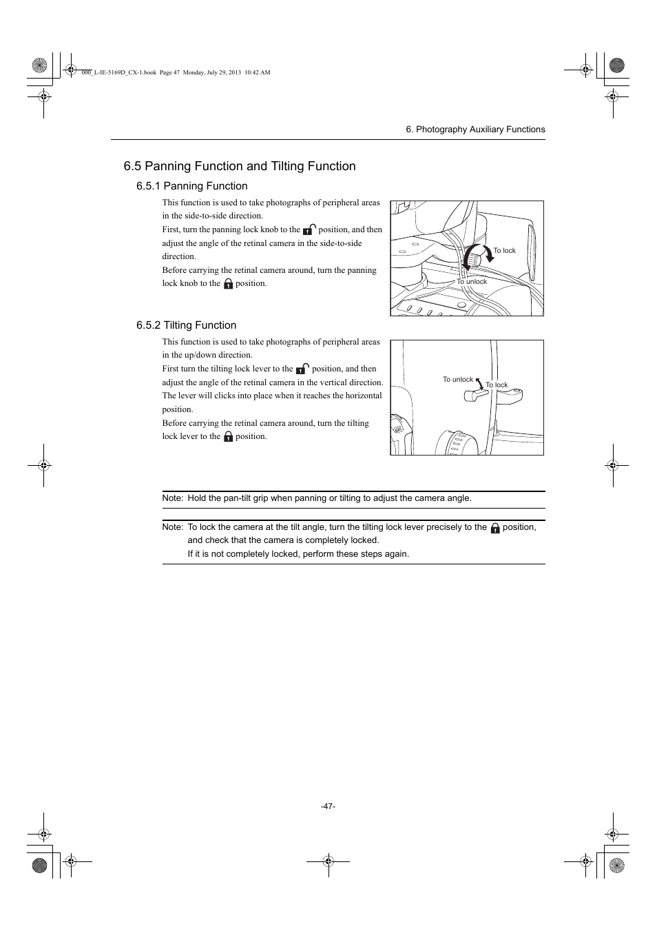 5 panning function and tilting function, 1 panning function, 2 tilting function | 1 panning function 6.5.2 tilting function | Canon CX-1 User Manual | Page 47 / 76