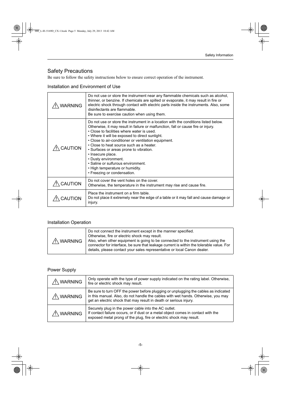 Safety precautions | Canon CX-1 User Manual | Page 5 / 76