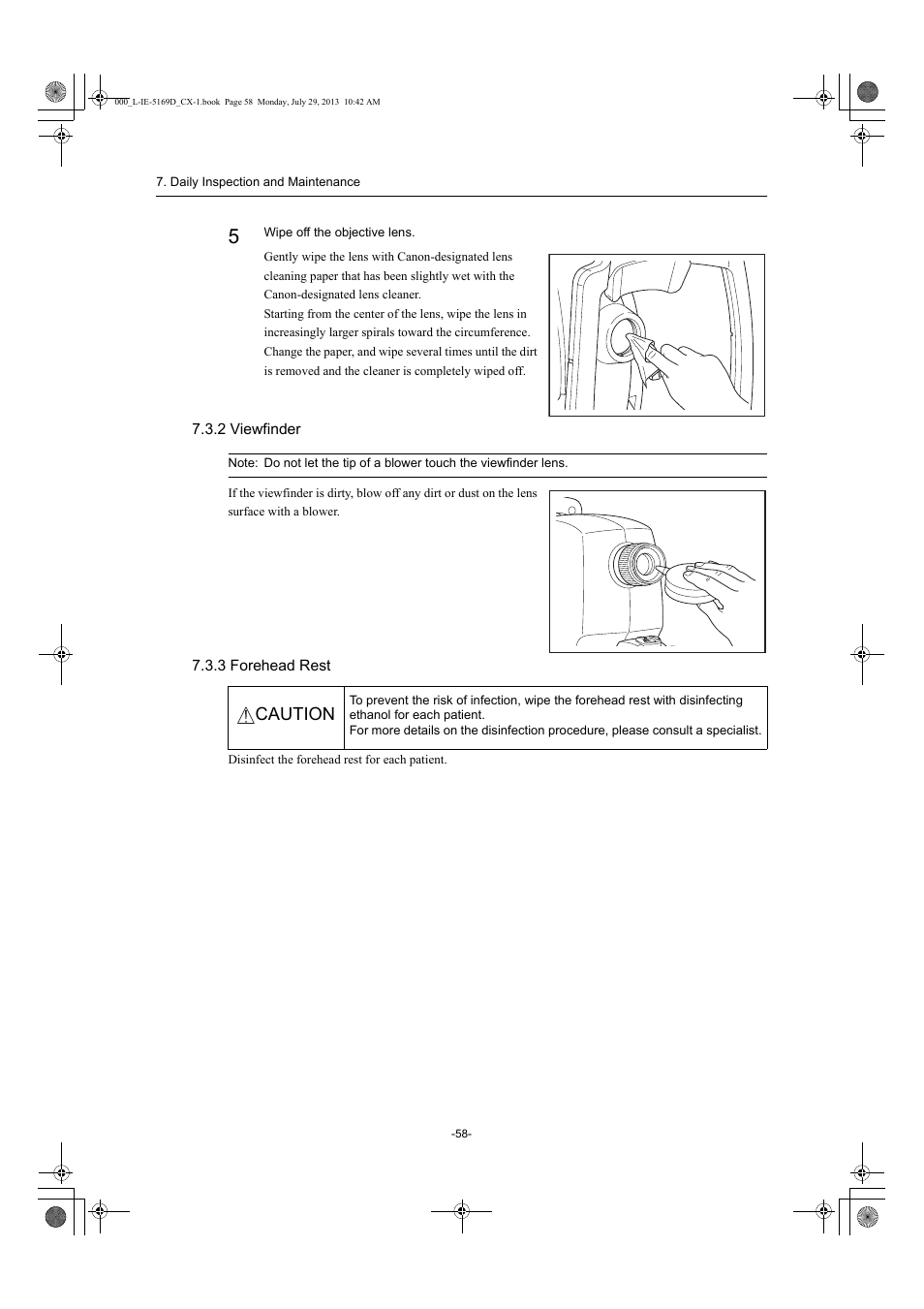 2 viewfinder, 3 forehead rest, 2 viewfinder 7.3.3 forehead rest | Caution | Canon CX-1 User Manual | Page 58 / 76