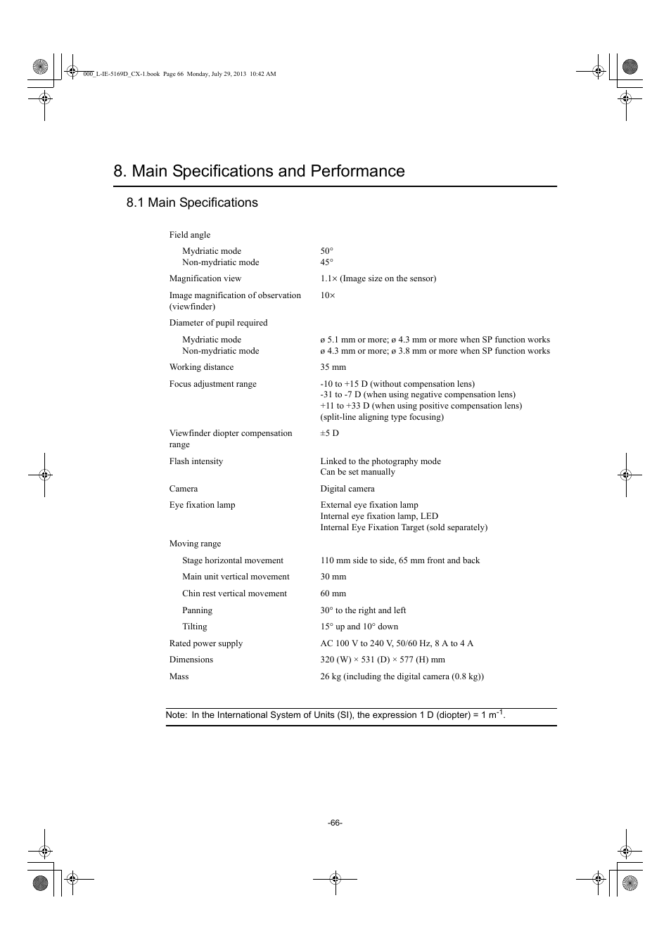 Main specifications and performance, 1 main specifications | Canon CX-1 User Manual | Page 66 / 76