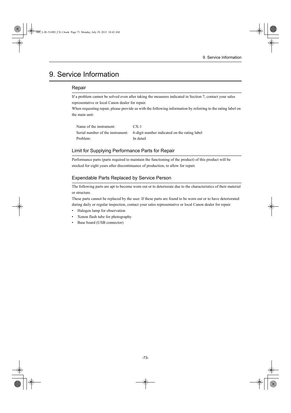 Service information | Canon CX-1 User Manual | Page 73 / 76